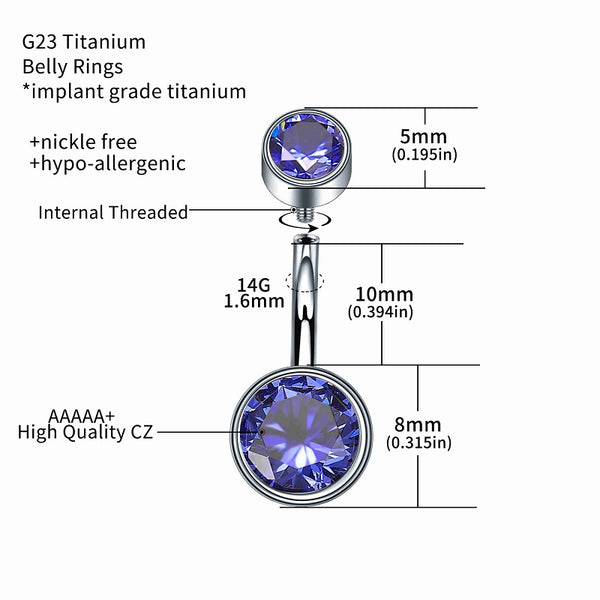 G23 Titanium Threaded Belly Button Rings CZ Hypoallergenic 14G